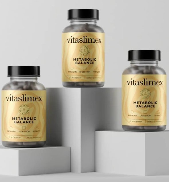 Three VitaSlimex bottles displayed on sculptural platforms